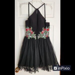Blondie Nites Black Tulle Beaded Formal Short Hoco Halter Dress Juniors 13 NWT